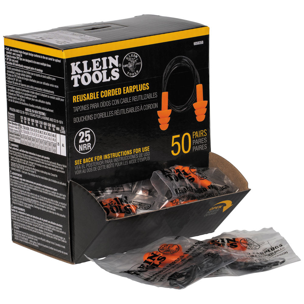 Orange Corded Reusable Ear Plugs (Box of 100 pairs)
