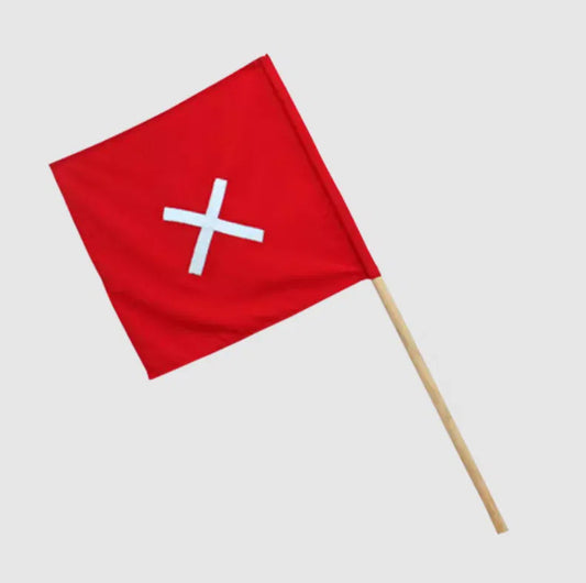 Red Flag Wooden Handle With Reflective Cross